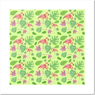 Flamingos Lilies and Monstera and Philodendron Gloriosum Leaves All-Over Pattern Posters and Art